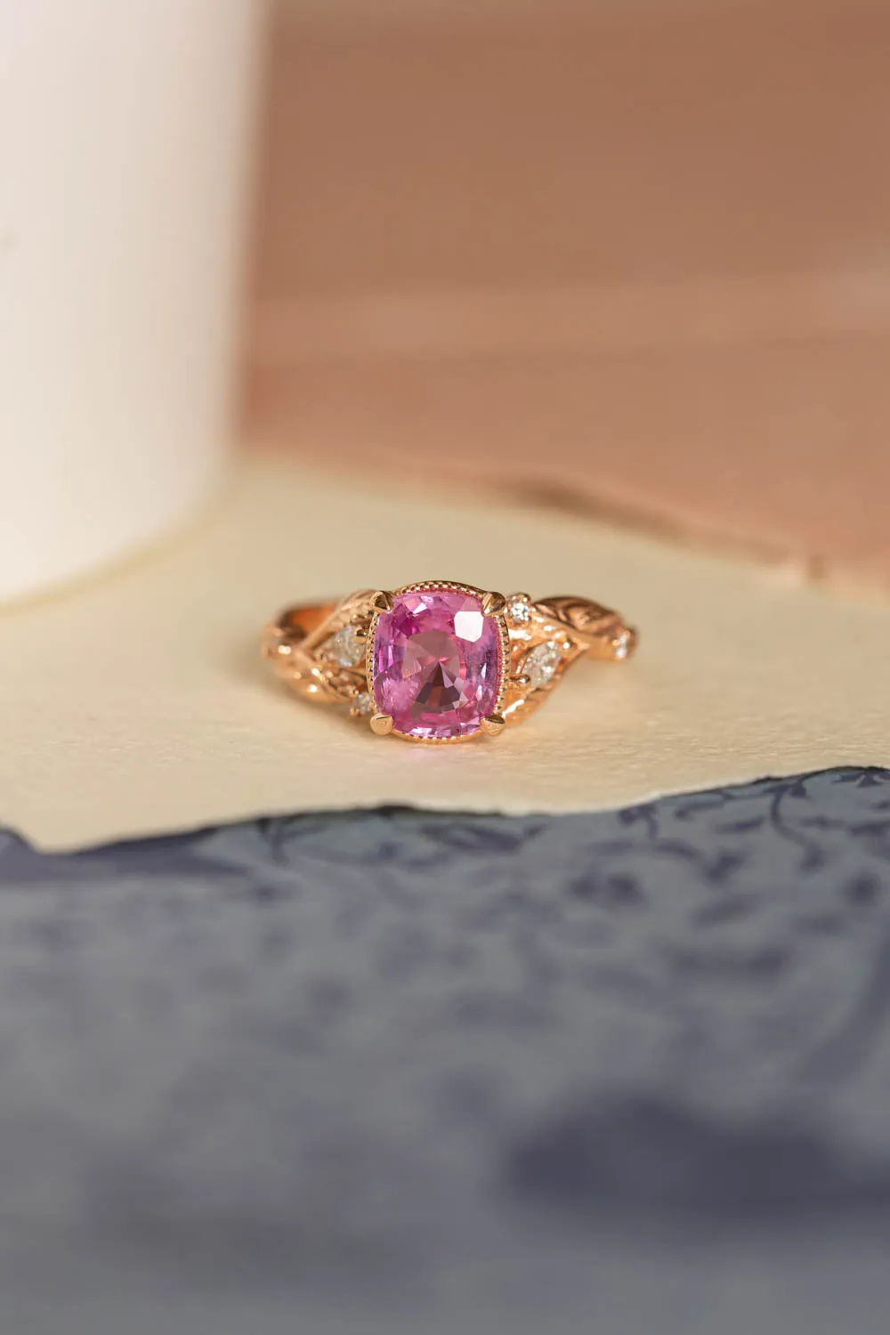 READY TO SHIP: Patricia ring in 14K rose gold, pink sapphire cushion cut 7mm, diamonds, AVAILABLE RING SIZES: 6-8 US
