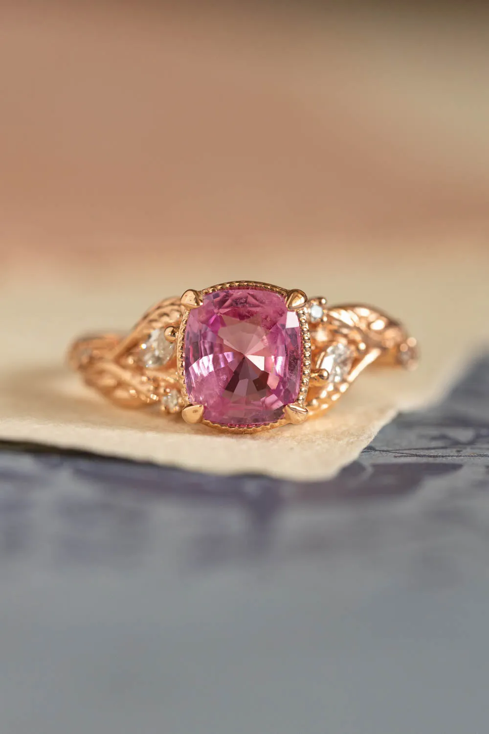 READY TO SHIP: Patricia ring in 14K rose gold, pink sapphire cushion cut 7mm, diamonds, AVAILABLE RING SIZES: 6-8 US