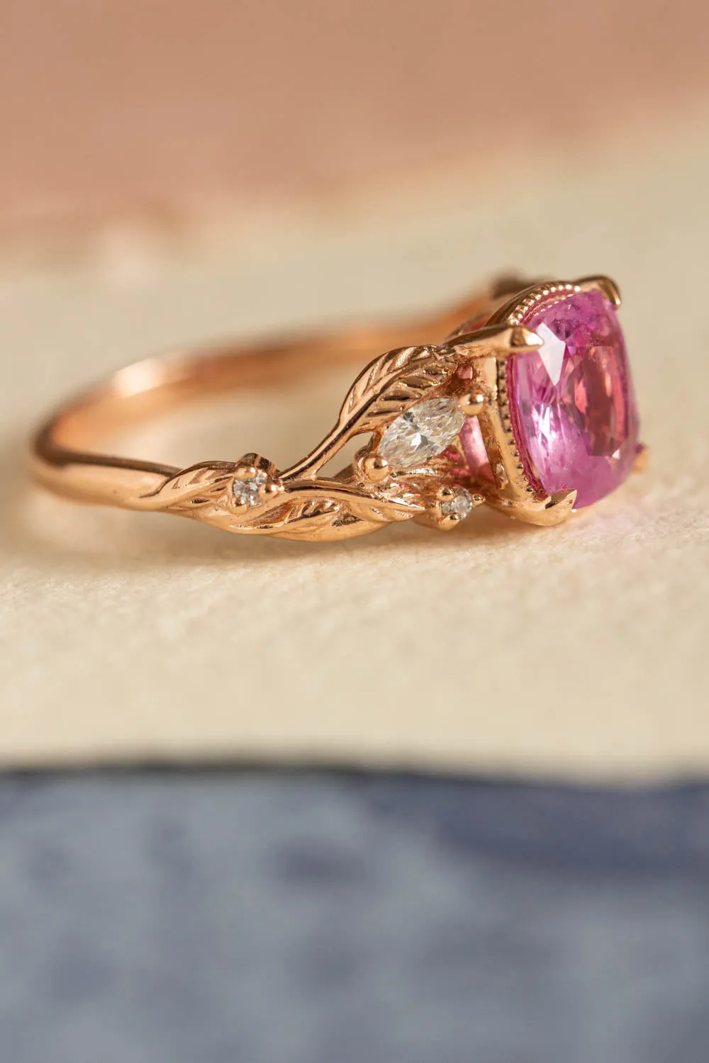 READY TO SHIP: Patricia ring in 14K rose gold, pink sapphire cushion cut 7mm, diamonds, AVAILABLE RING SIZES: 6-8 US