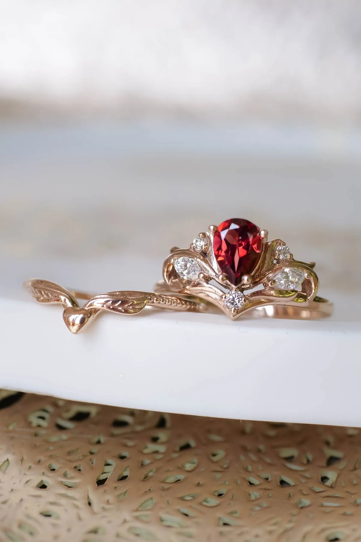 READY TO SHIP: Swanlake set in 14K rose gold, pear garnet 7x5 mm, natural diamonds, AVAILABLE RING SIZES: 6-8 US