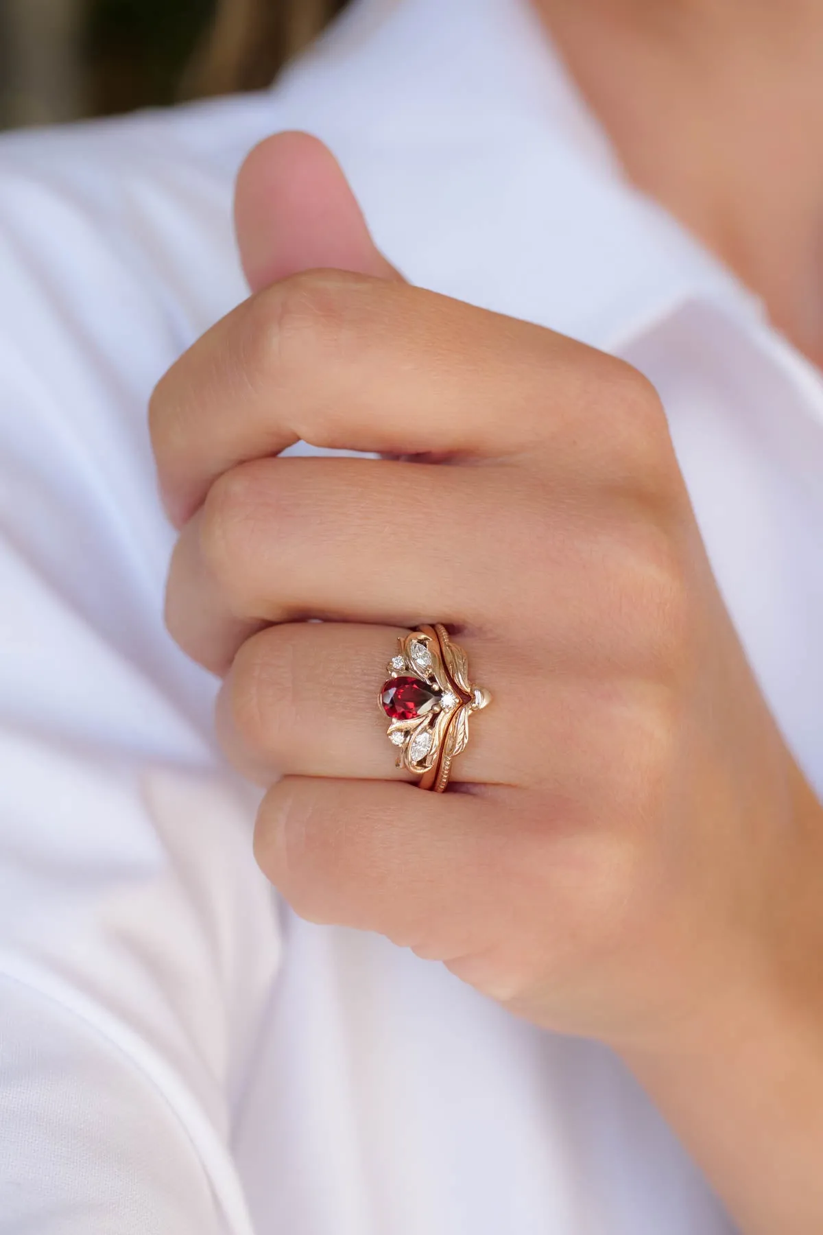 READY TO SHIP: Swanlake set in 14K rose gold, pear garnet 7x5 mm, natural diamonds, AVAILABLE RING SIZES: 6-8 US