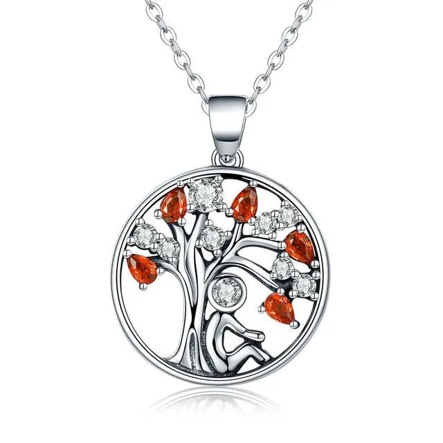 Red Cubic Zirconia Tree of Life Pendant Necklace