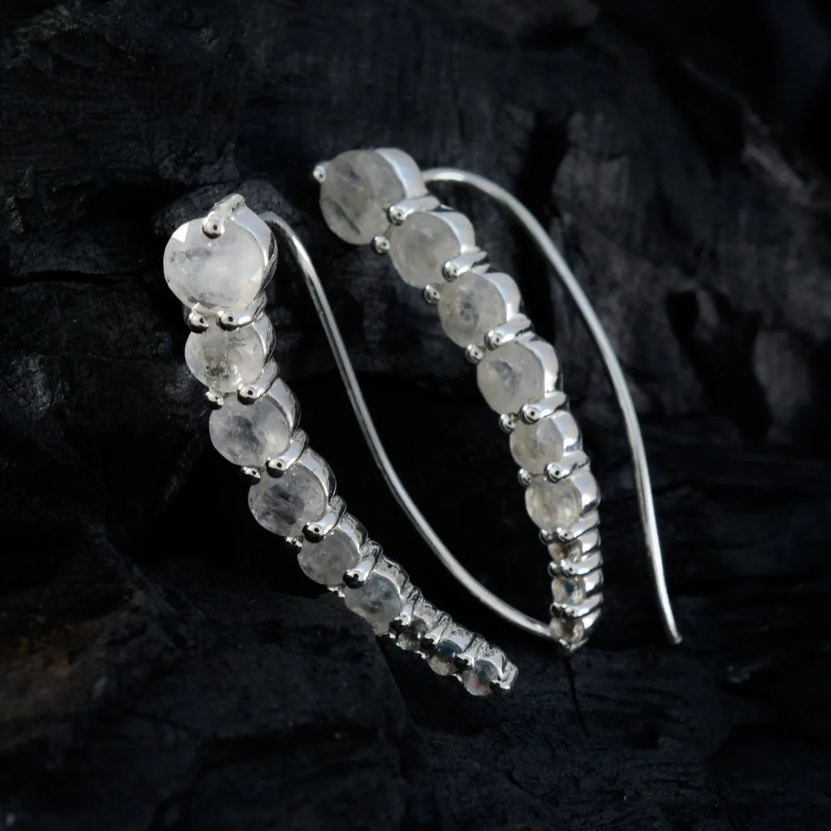 Riyo Beddable Sterling Silver Earring For Female Rainbow Moonstone Earring Bezel Setting White Earring Ear Cuff Earring