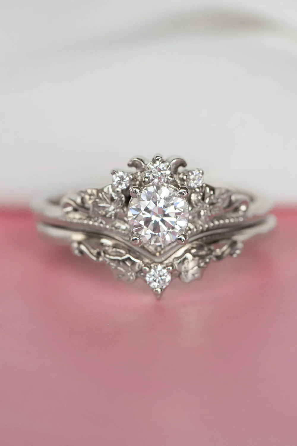 Round moissanite white gold engagement ring with tiny ivy leaves and diamonds / Ariadne