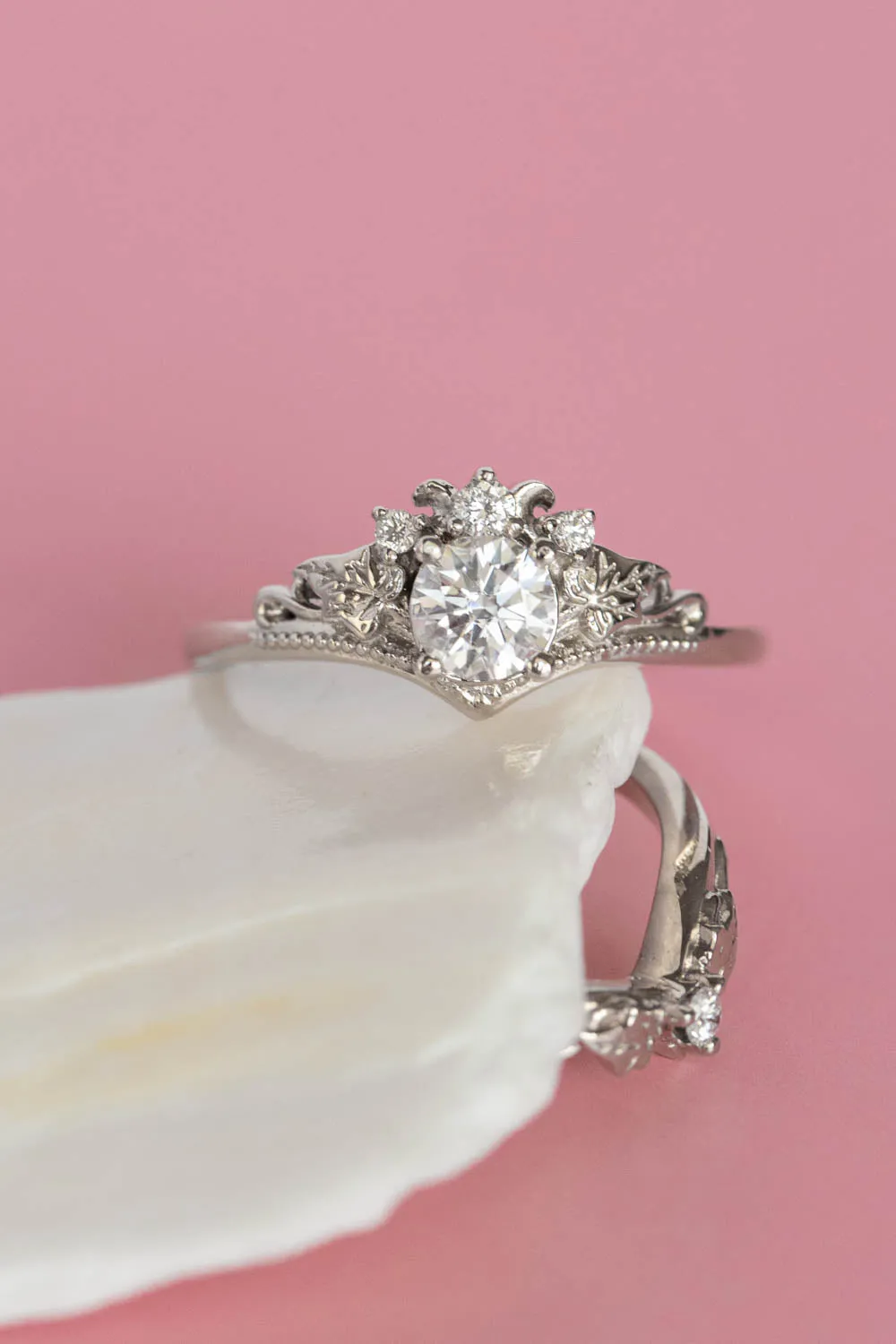 Round moissanite white gold engagement ring with tiny ivy leaves and diamonds / Ariadne