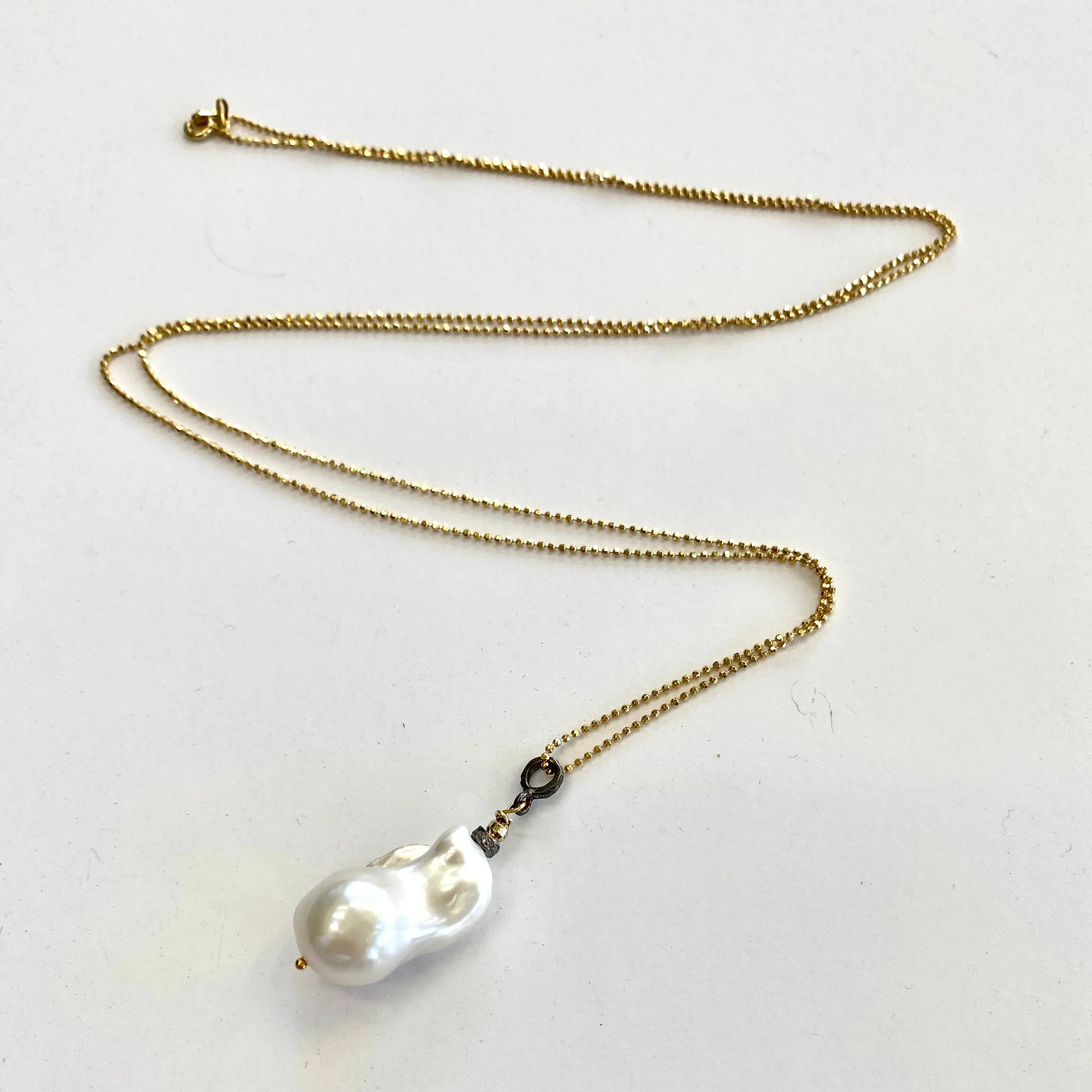 Single Baroque Pearl & Diamonds pendant Necklace, Vermeil Ball Chain, 35inches