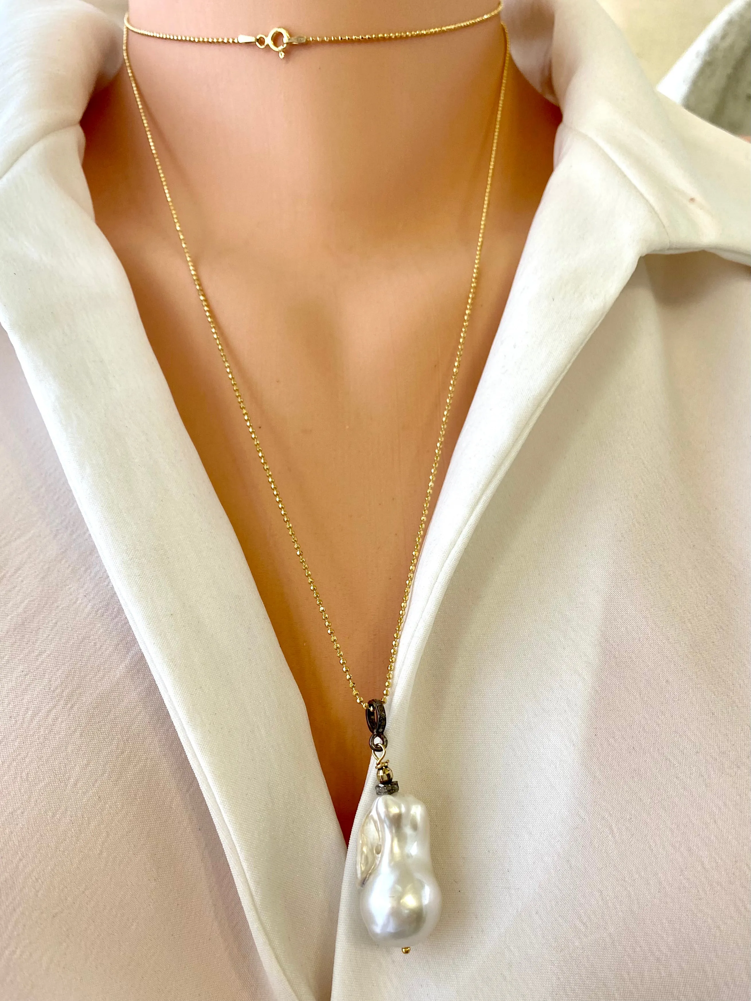 Single Baroque Pearl & Diamonds pendant Necklace, Vermeil Ball Chain, 35inches