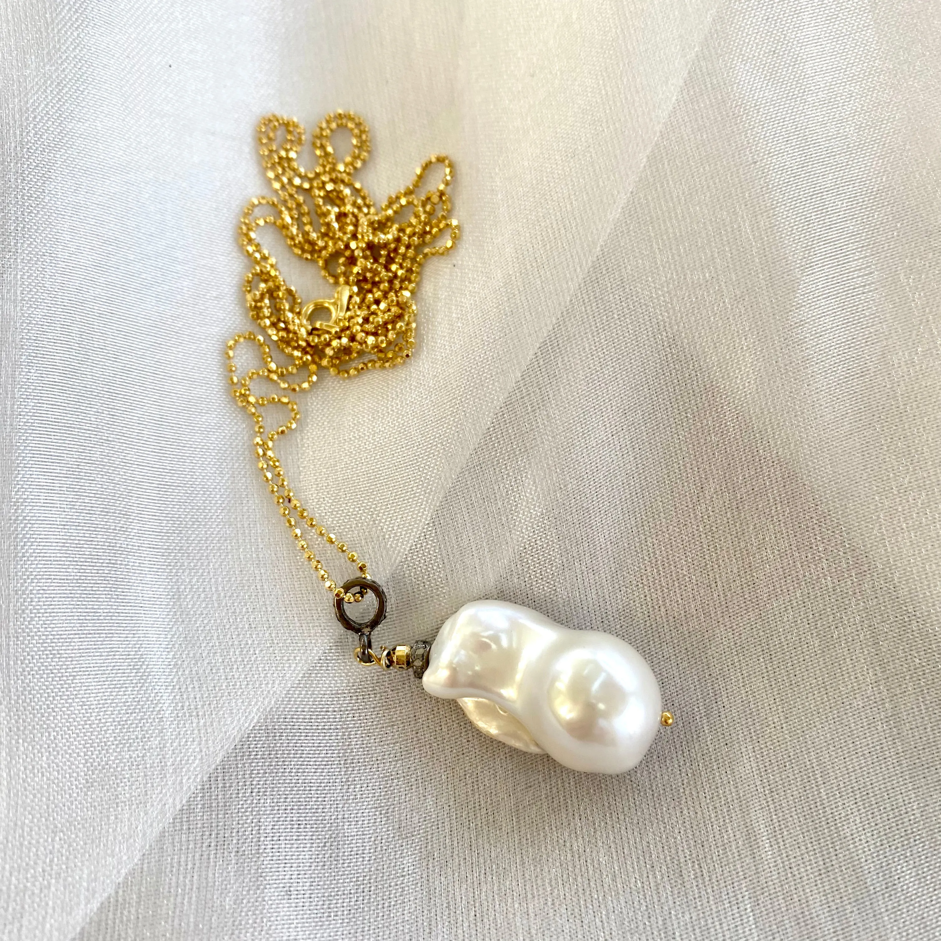Single Baroque Pearl & Diamonds pendant Necklace, Vermeil Ball Chain, 35inches