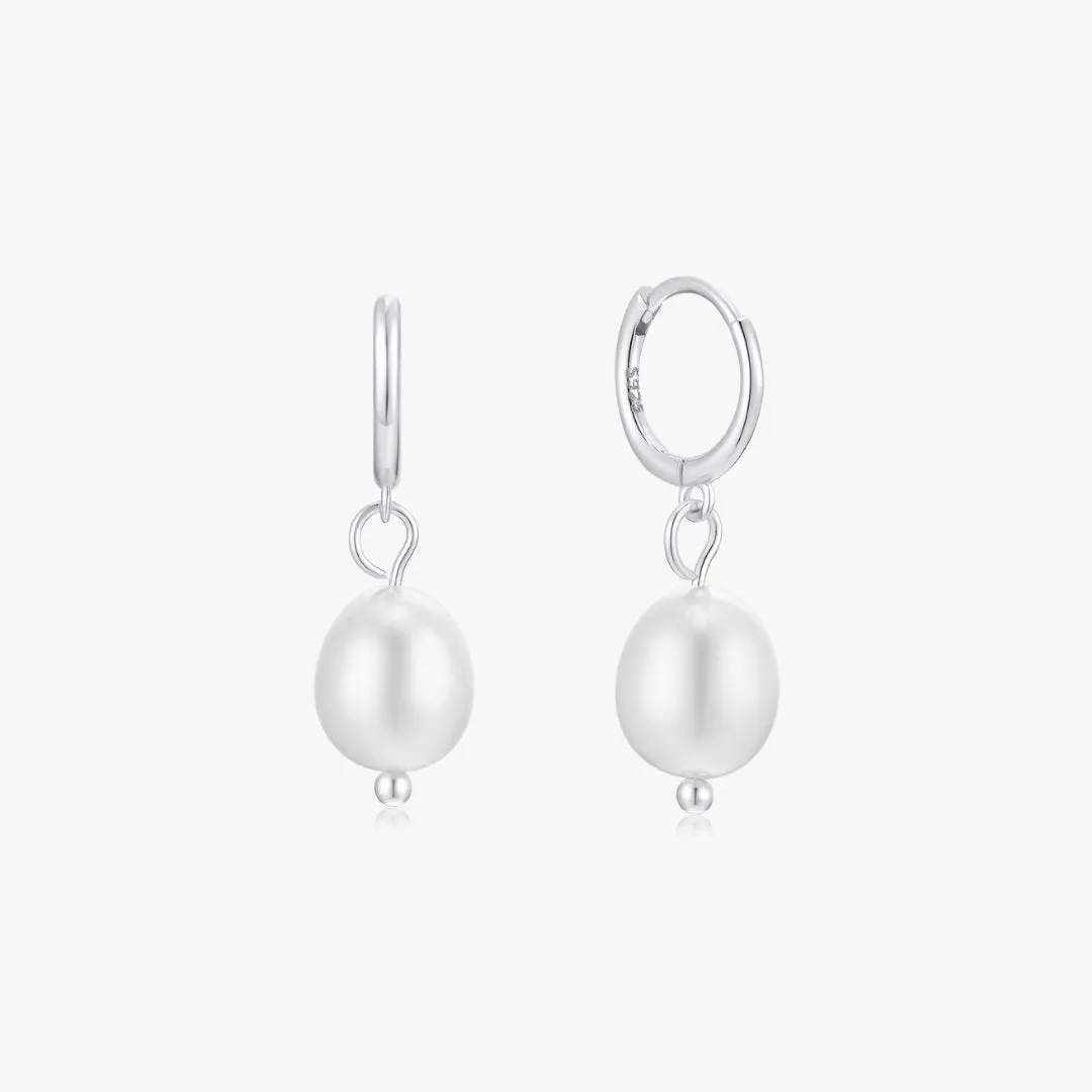 Single Pearl Sterling Huggies in Silver