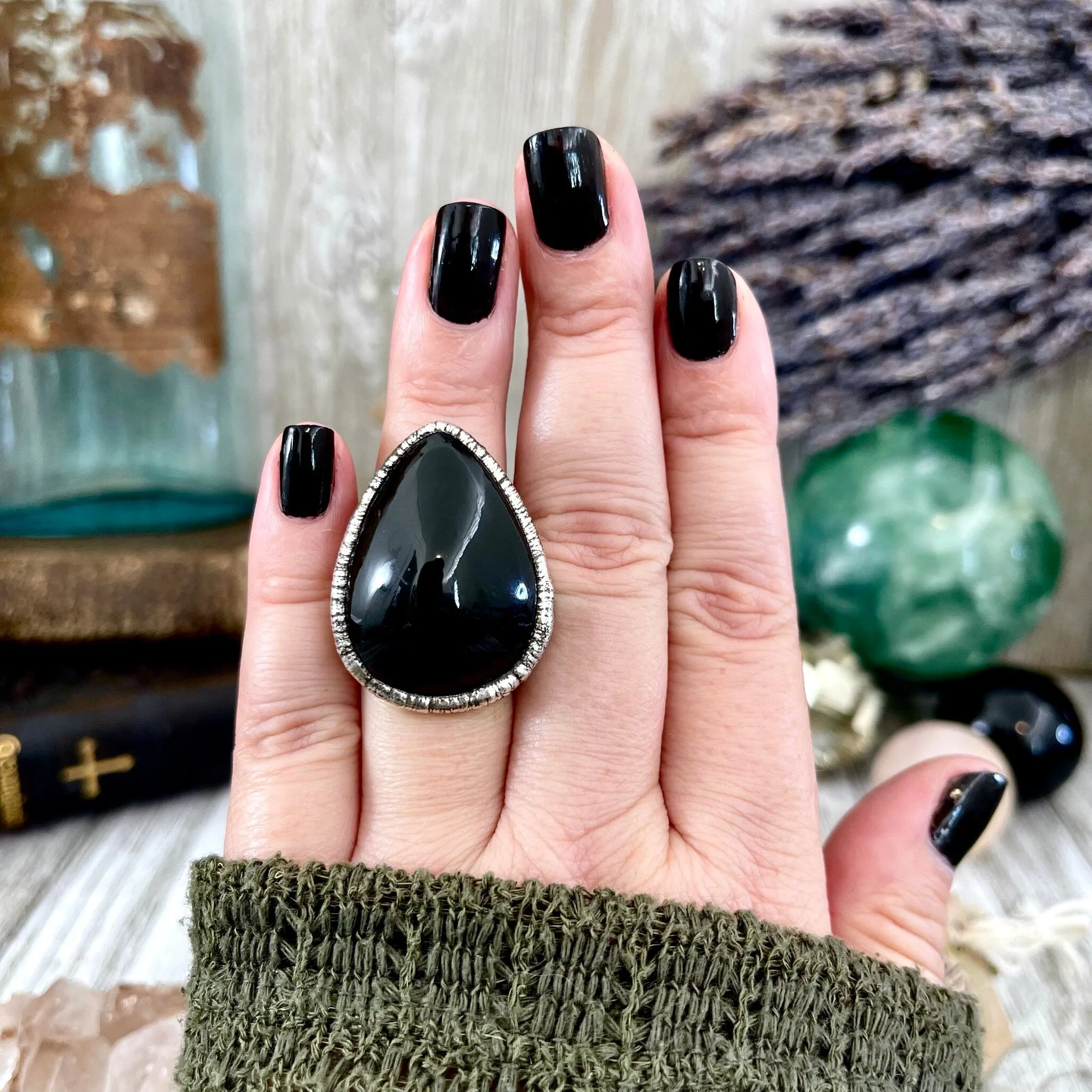 Size 6.5 Natural Black Obsidian Crystal Ring in Fine Silver / Foxlark Collection - One of a Kind