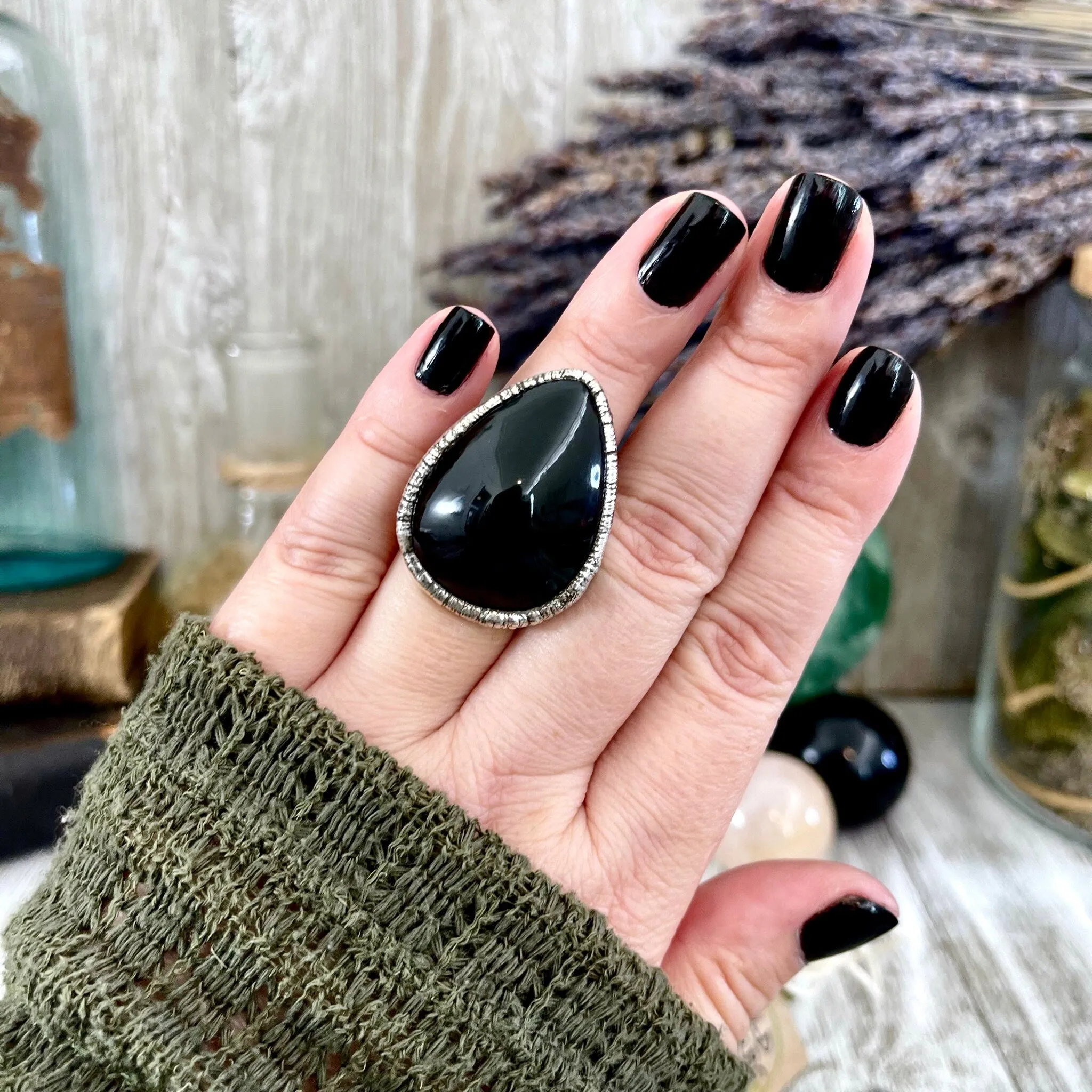 Size 6.5 Natural Black Obsidian Crystal Ring in Fine Silver / Foxlark Collection - One of a Kind