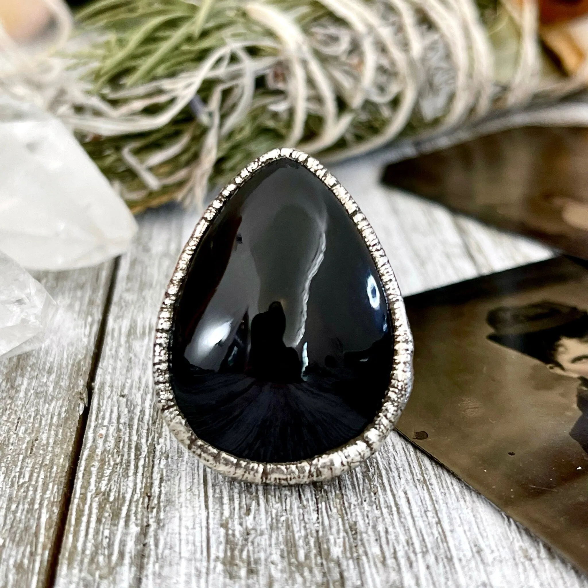 Size 6.5 Natural Black Obsidian Crystal Ring in Fine Silver / Foxlark Collection - One of a Kind