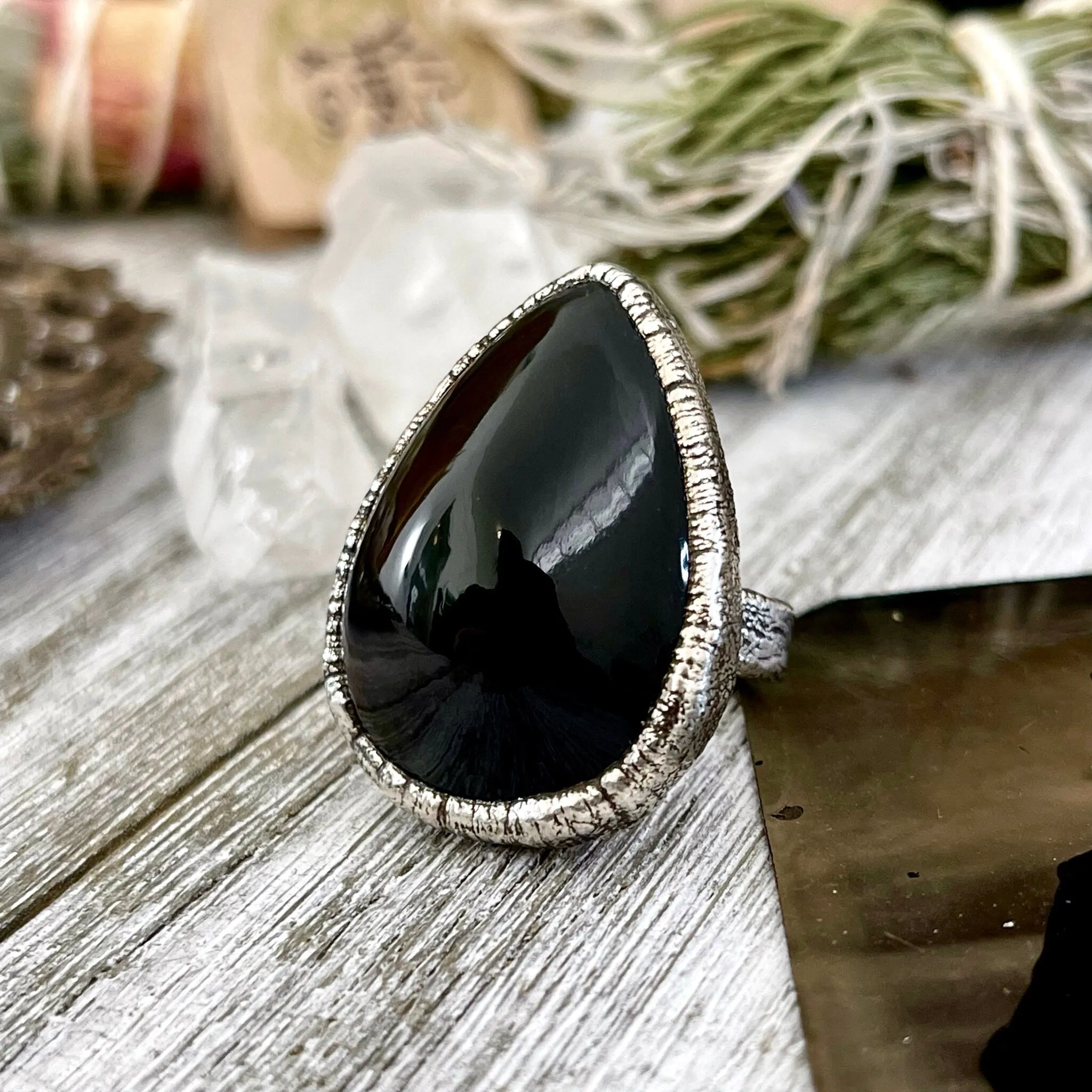 Size 6.5 Natural Black Obsidian Crystal Ring in Fine Silver / Foxlark Collection - One of a Kind
