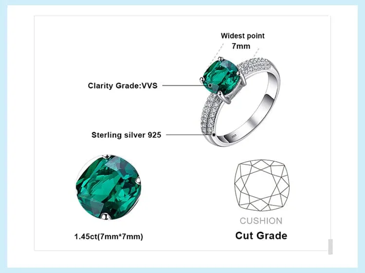 Solitaire Cushion Emerald Ring - 925 Sterling Silver