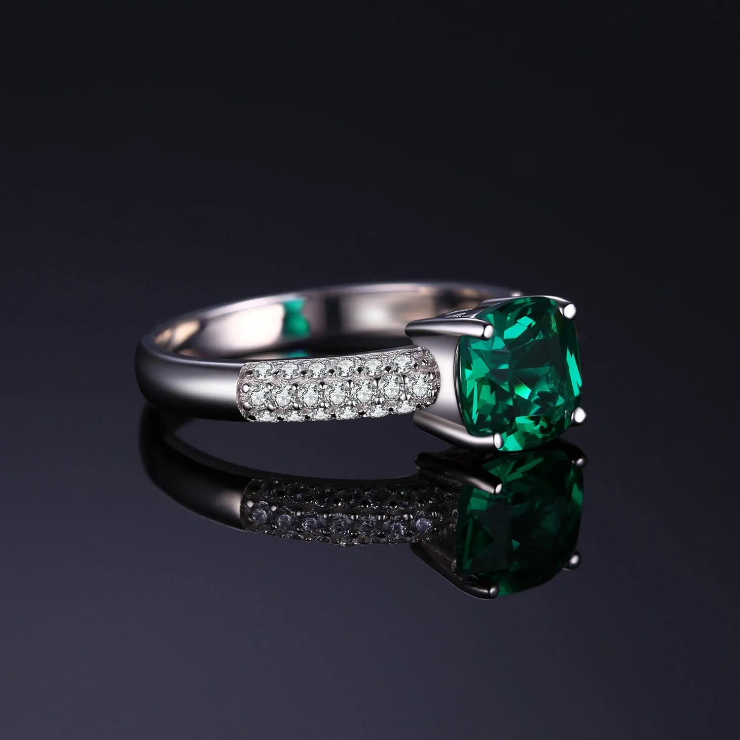 Solitaire Cushion Emerald Ring - 925 Sterling Silver
