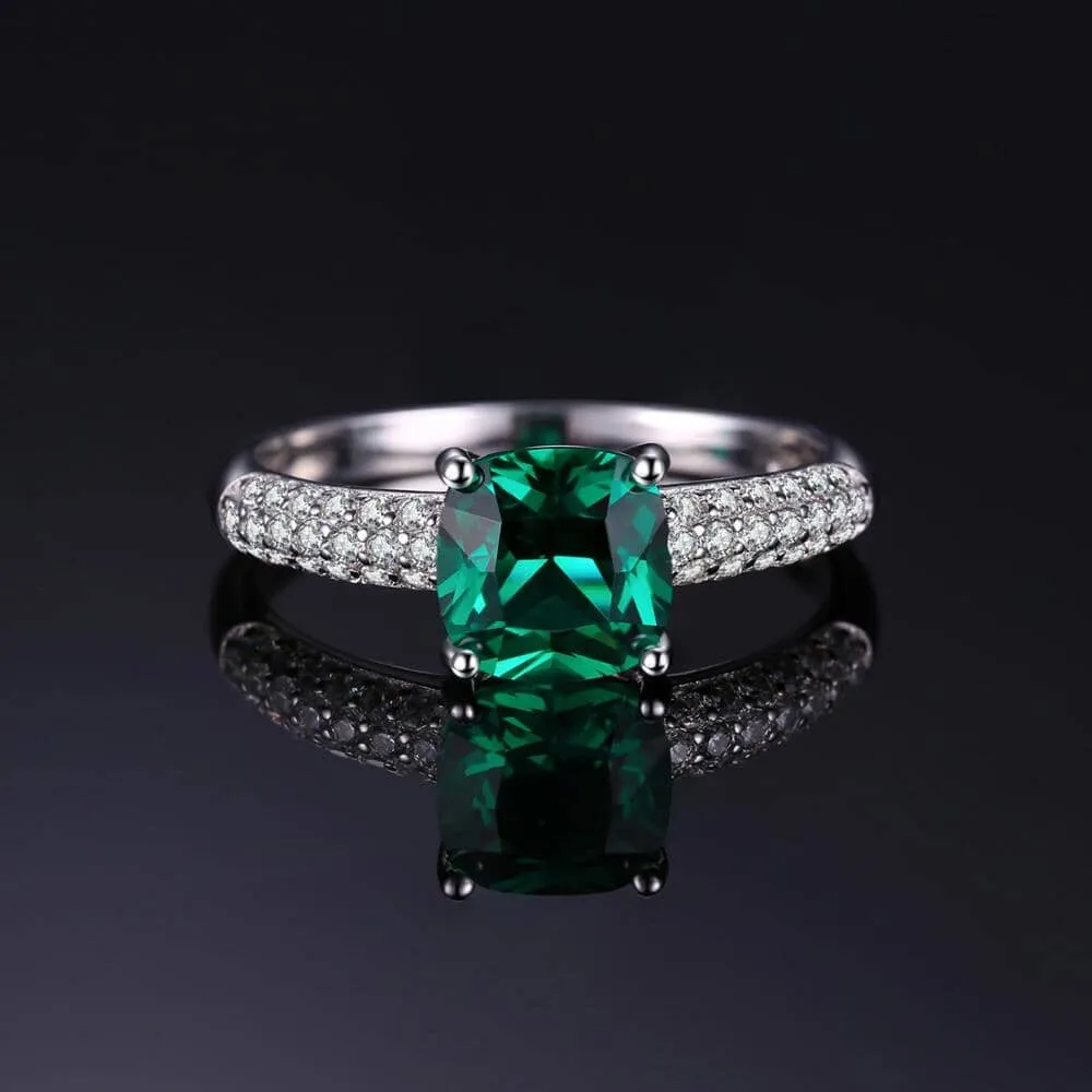 Solitaire Cushion Emerald Ring - 925 Sterling Silver