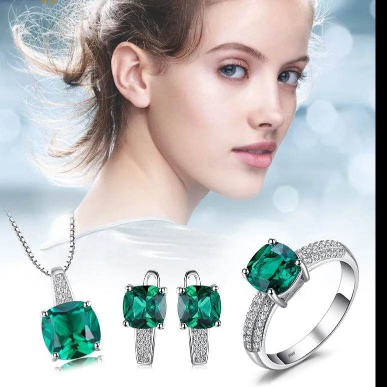 Solitaire Cushion Emerald Ring - 925 Sterling Silver