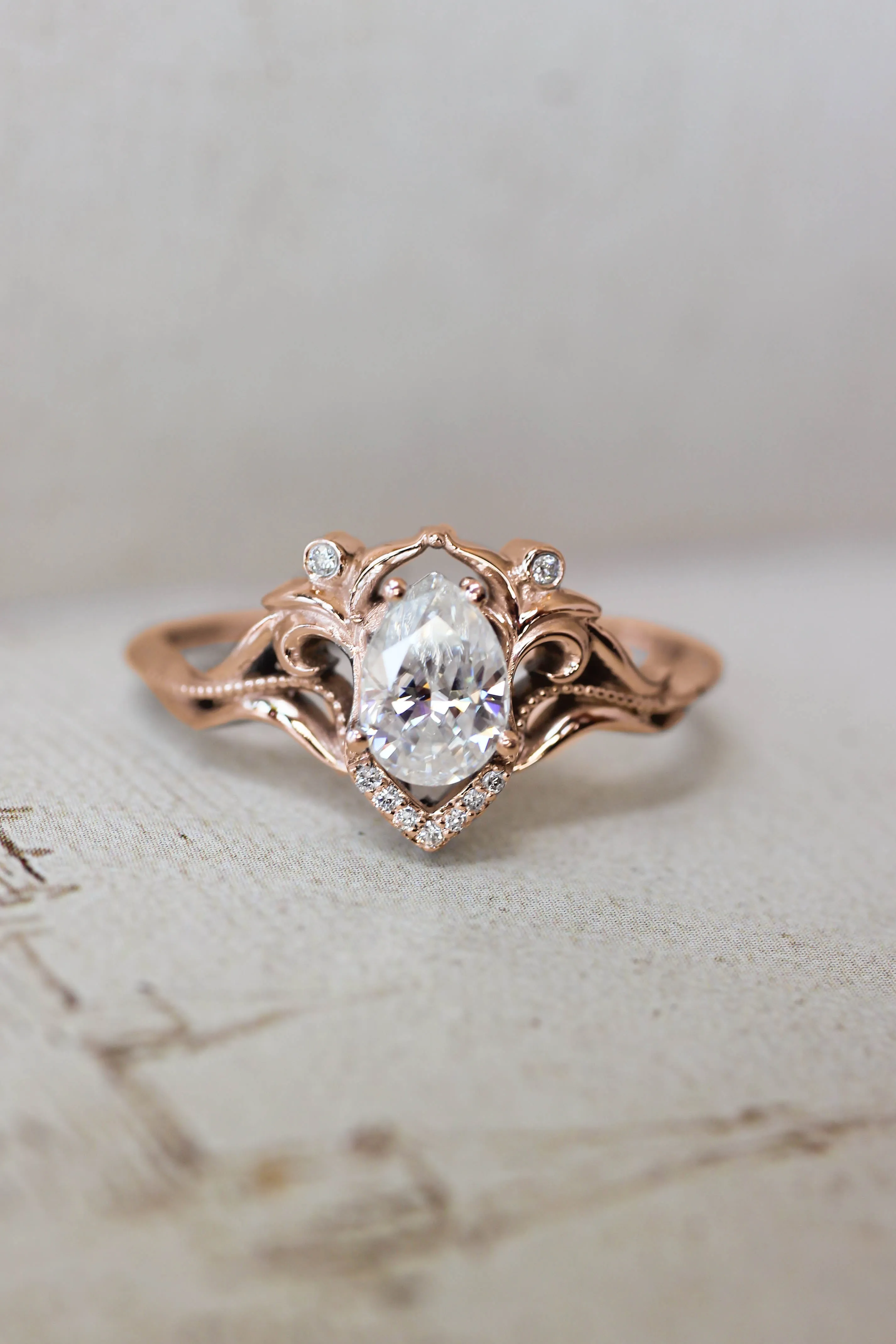 Teardrop white sapphire engagement ring, vintage inspired gold proposal ring with diamonds / Lida small