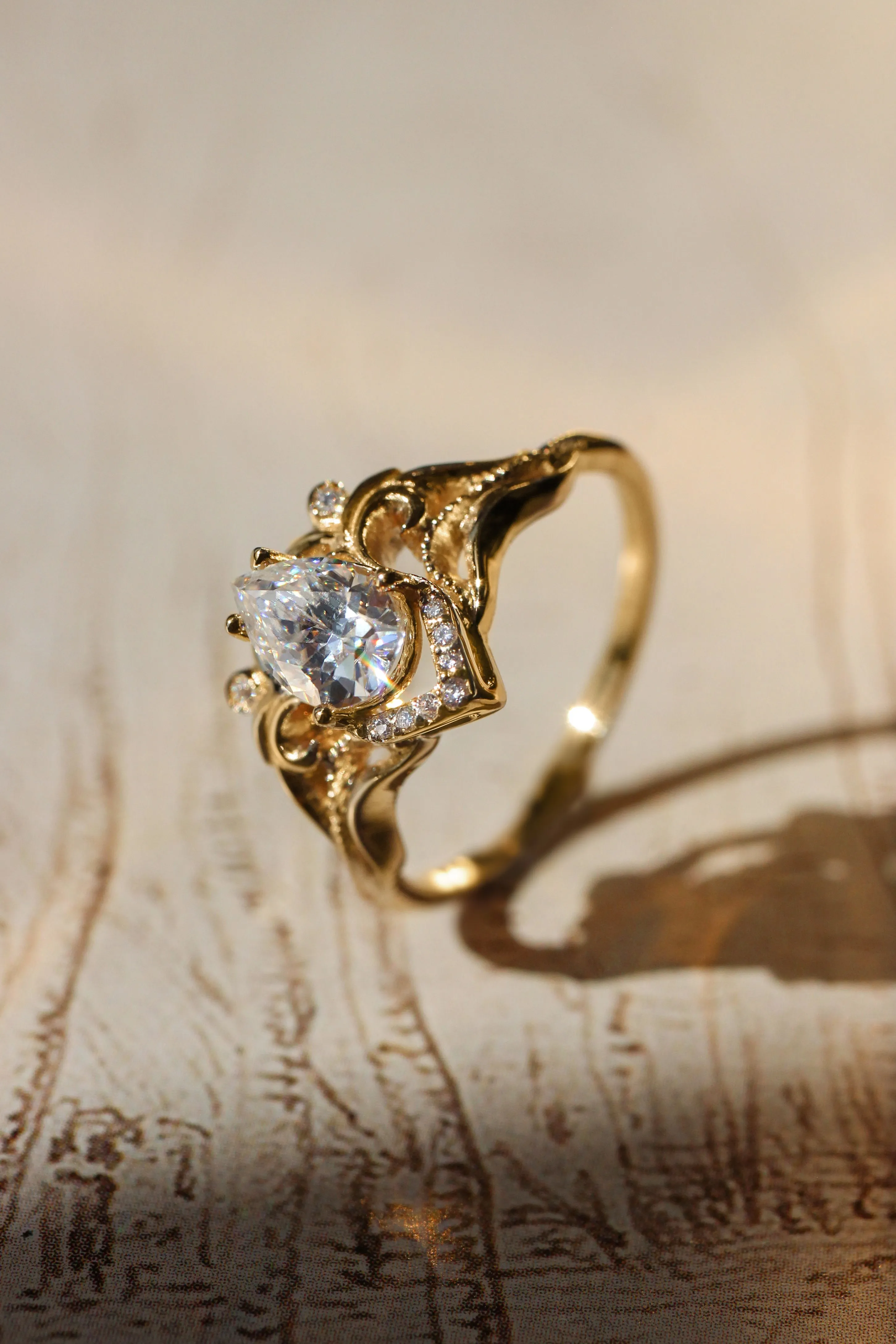 Teardrop white sapphire engagement ring, vintage inspired gold proposal ring with diamonds / Lida small