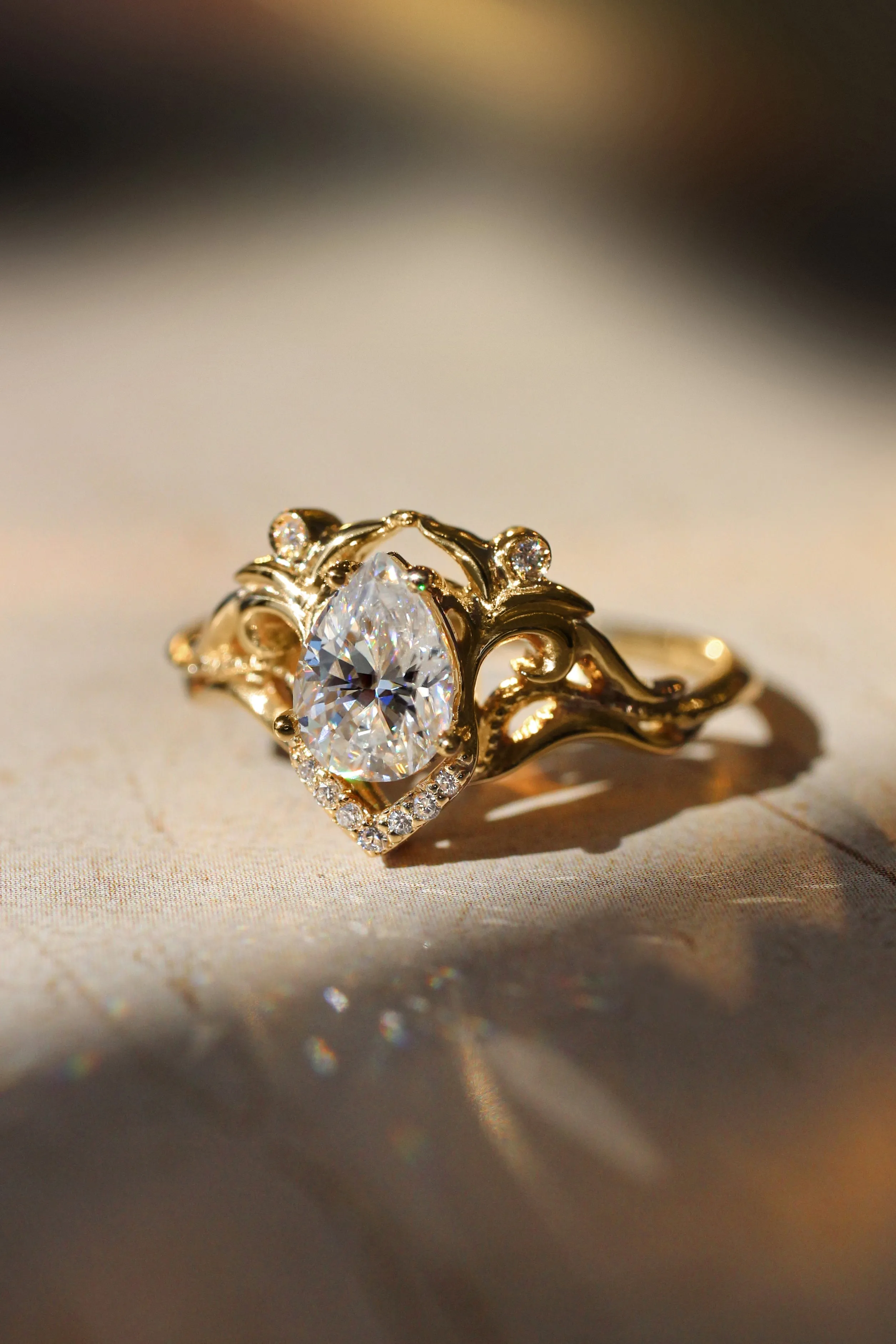 Teardrop white sapphire engagement ring, vintage inspired gold proposal ring with diamonds / Lida small