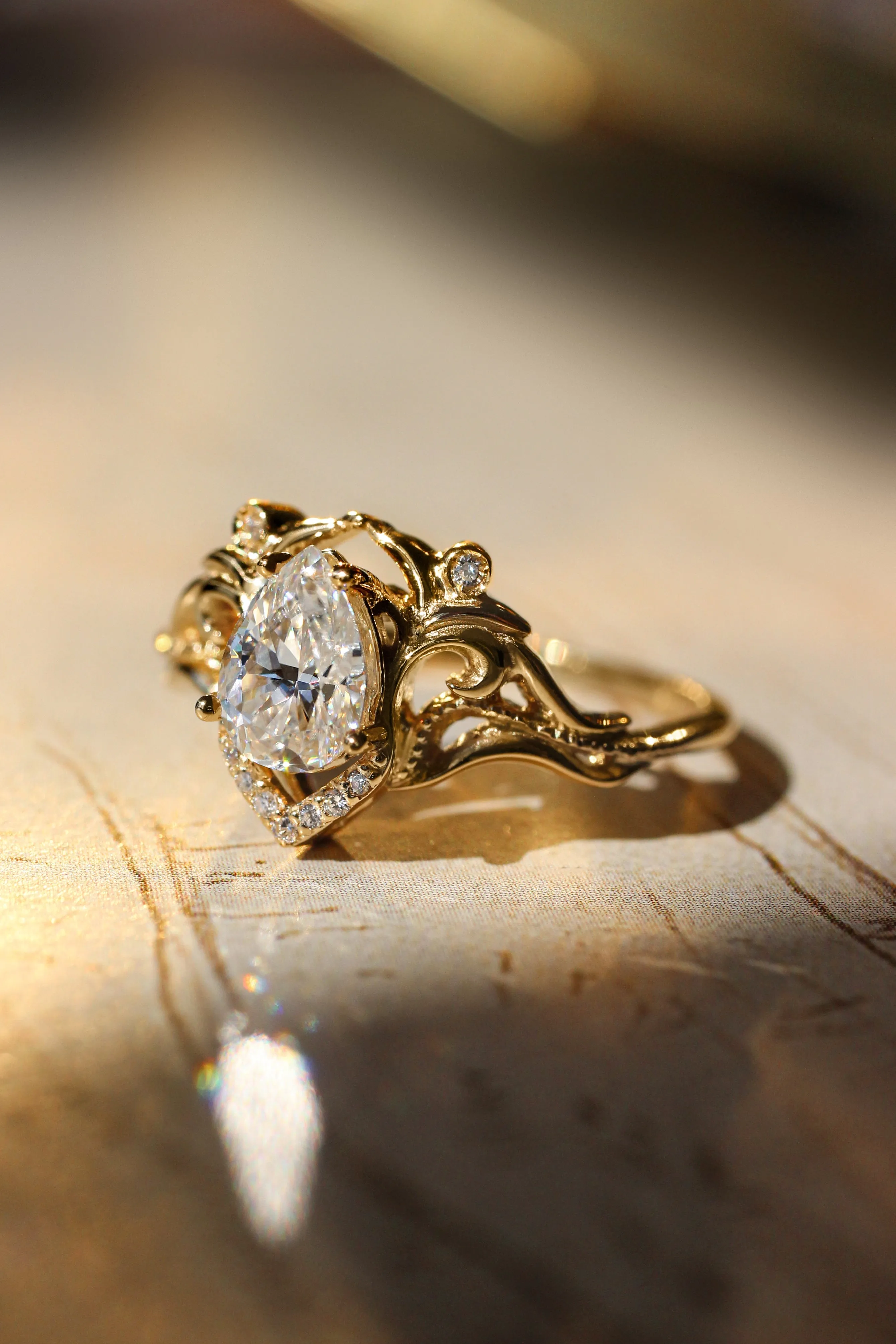 Teardrop white sapphire engagement ring, vintage inspired gold proposal ring with diamonds / Lida small