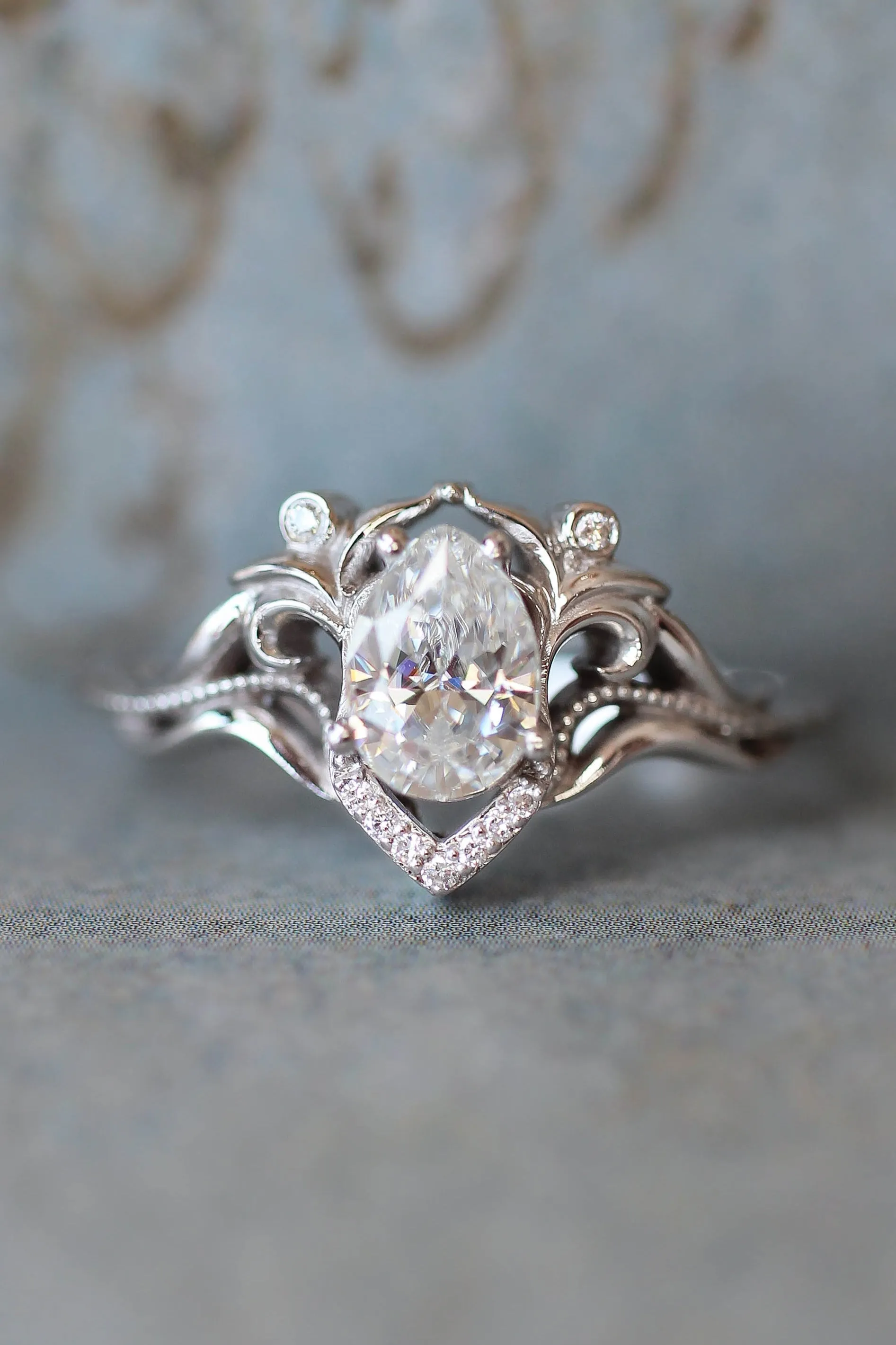 Teardrop white sapphire engagement ring, vintage inspired gold proposal ring with diamonds / Lida small