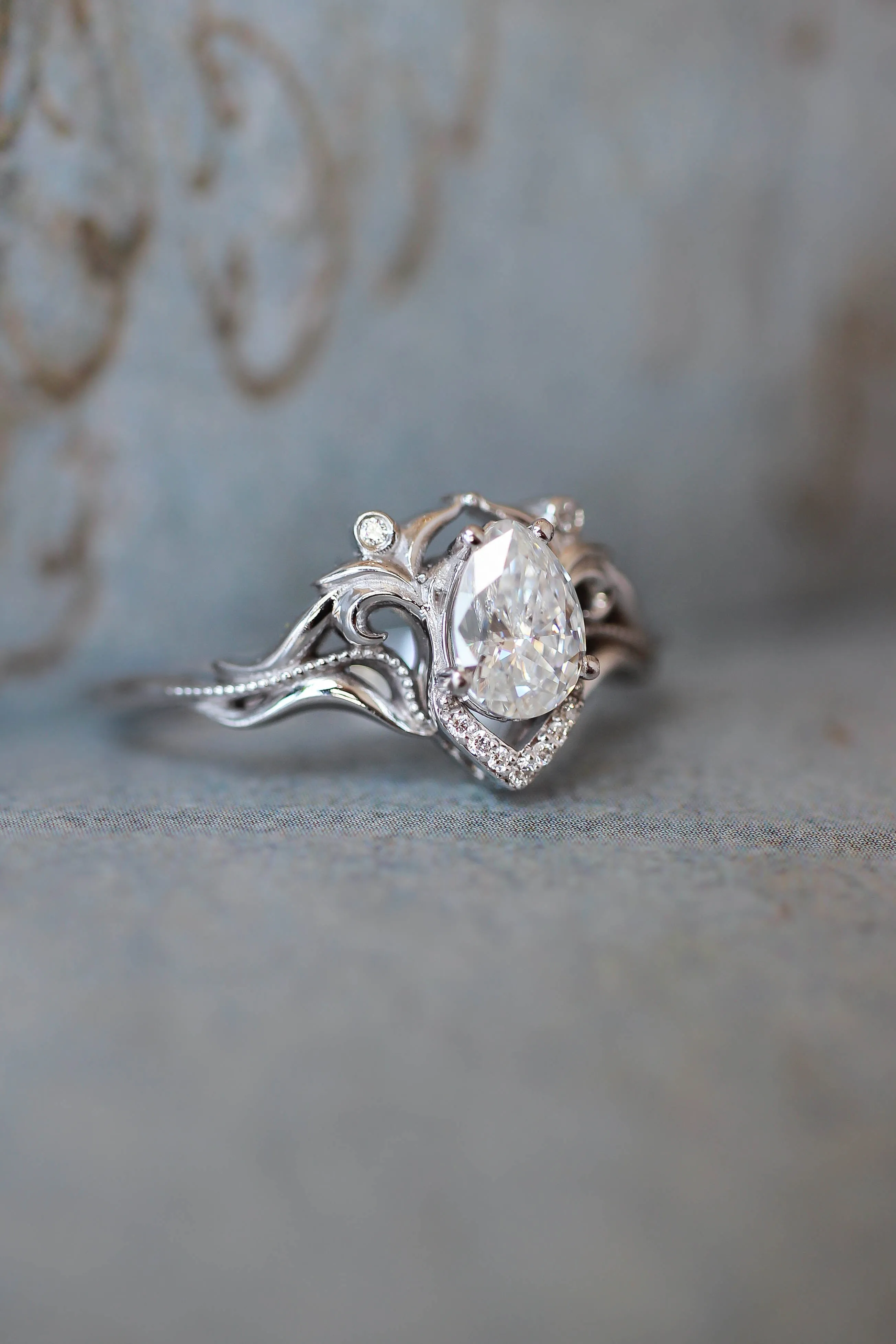 Teardrop white sapphire engagement ring, vintage inspired gold proposal ring with diamonds / Lida small